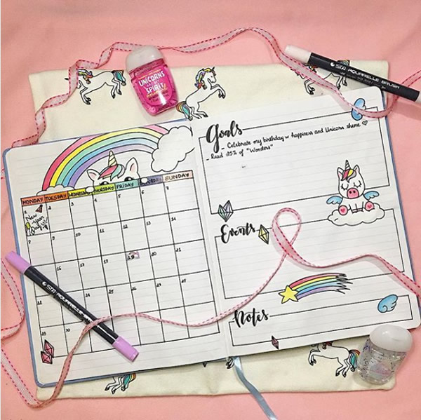 Unicorn bullet journal monthly planner idea