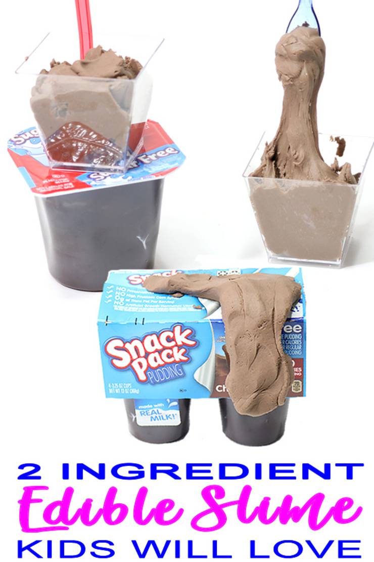 DIY edible pudding slime! 2 ingredient chocolate pudding slime! No instant Jello pudding mix required for this slime recipe. You can make chocolate pudding slime, vanilla pudding slime, banana pudding slime! Add sprinkles and make cake slime or cupcake slime. Great for kids parties or slime theme party - great party favors! #slime #slimerecipe #sensoryplay #ediblepuddingslime