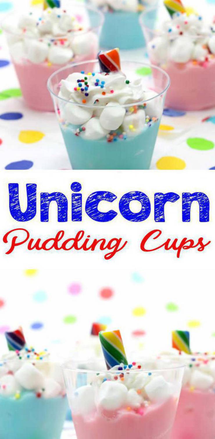 UNICORN party food! Super EASY pudding cups with candy edible unicorn horn. Perfect unicorn birthday party ideas for a unicorn themed birthday party, unicorn baby shower ideas, rainbow unicorn birthday party or any celebration. Great for snack table or dessert table or party favors. Birthday treats for a unicorn birthday party. BEST unicorn idea kids will love. So learn how to make pudding cups for amazing unicorn bday party ideas. Click for the BEST #unicorn #food :)