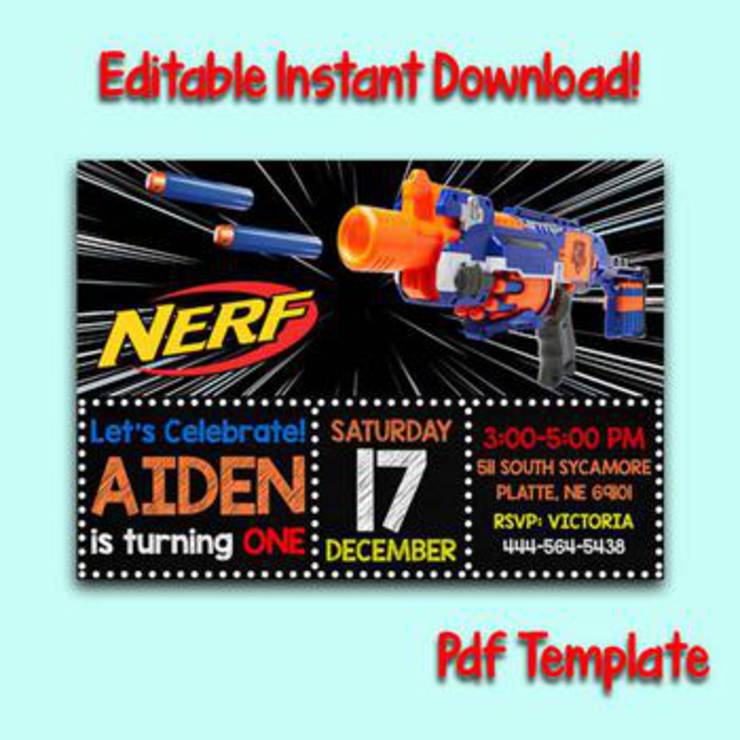 Editable Nerf Gun Dart Gun Birthday Party Invitation DIY 