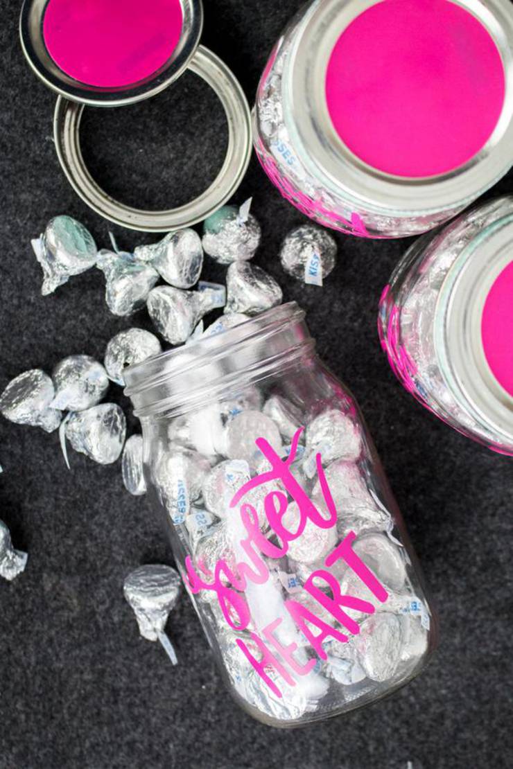 Cricut Crafts - BEST Valentine Cricut Craft Project You Will Love - Easy Candy Mason Jar DIY Cricut Idea With FREE SVG File