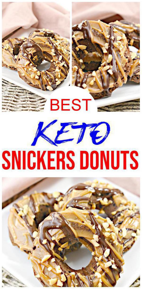 {Keto Donuts} BEST low carb Snickers donut recipe. Tast & delish copycat Snickers candy keto donut recipes to please any crowd. Chocolate donuts w/ caramel drizzle & almond flour donuts for ketogenic diet. Low carb baking w/ easy chocolate doughnuts idea. Almond flour & cocoa powder gluten free donut recipe. Gluten free donuts for quick breakfast donuts, snacks, desserts or party food. Oven baked chocolate donuts. Get ready to make best Snickers chocolate donuts