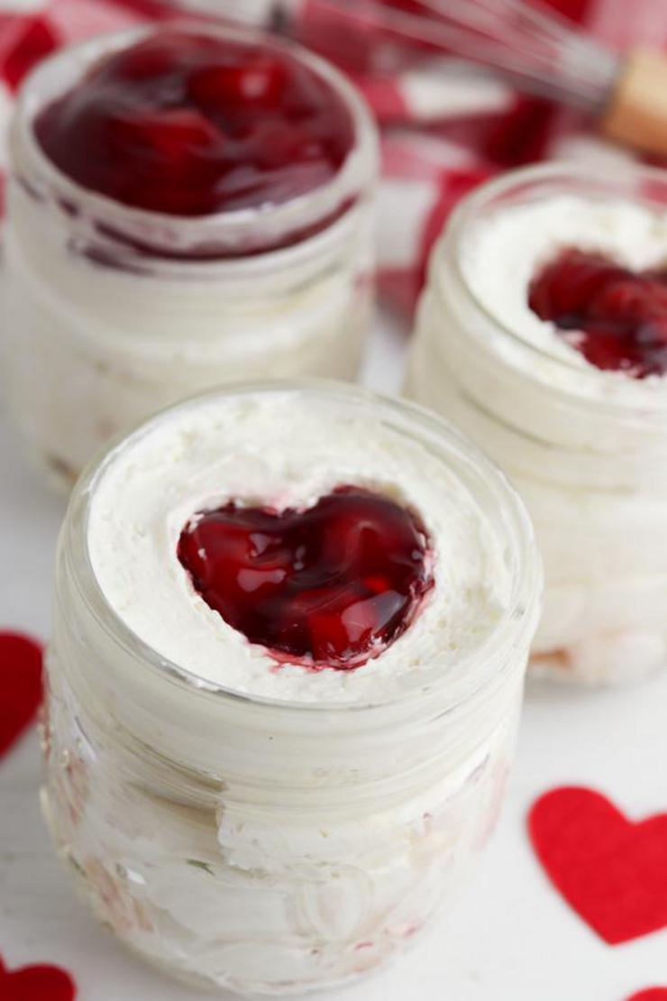 Easy Heart Cherry Cheesecake Jars - Simple Desserts – Snacks – Kids Parties – Valentine Party Food In Mini Mason Jars
