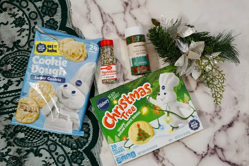 Pillsbury sugar cookie dough, Christmas tree cookies, and colorful sprinkles for Christmas cookie hack