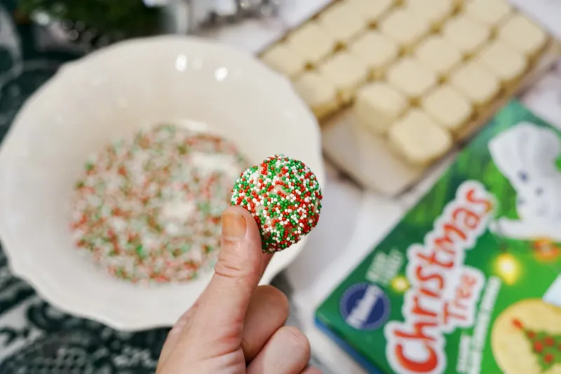 Hand holding sugar cookie ball covered in red, white, and green Christmas sprinkles