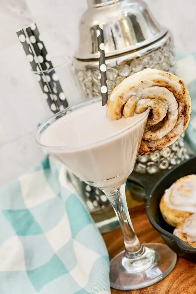 Close-up of cinnamon roll martini showing creamy texture and cinnamon roll garnish detail