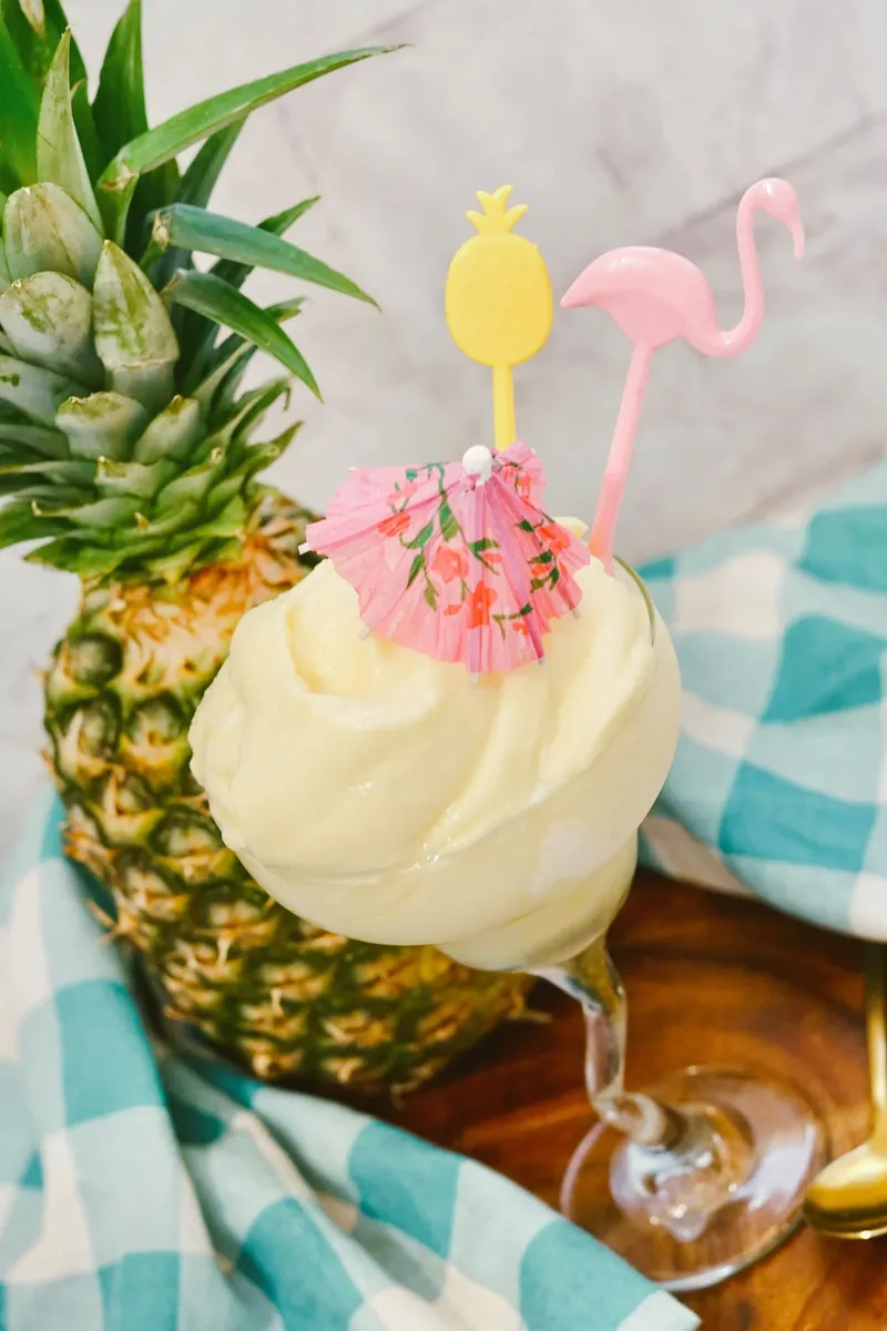 Disney Dole Whip in glass with tropical decorations and pineapple