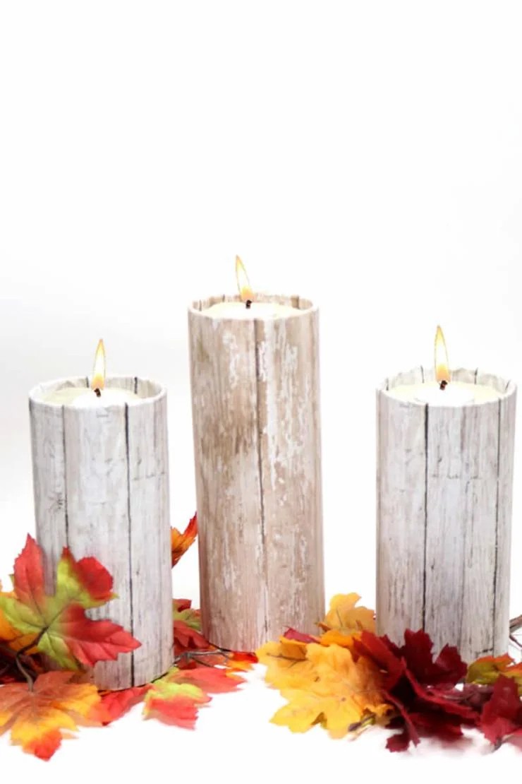 DIY rustic wood grain candle holders with fall leaves thanksgiving decoration