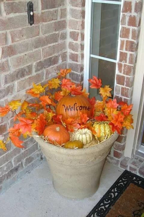 Fall porch planter with pumpkins leaves welcome sign thanksgiving outdoor decoration
