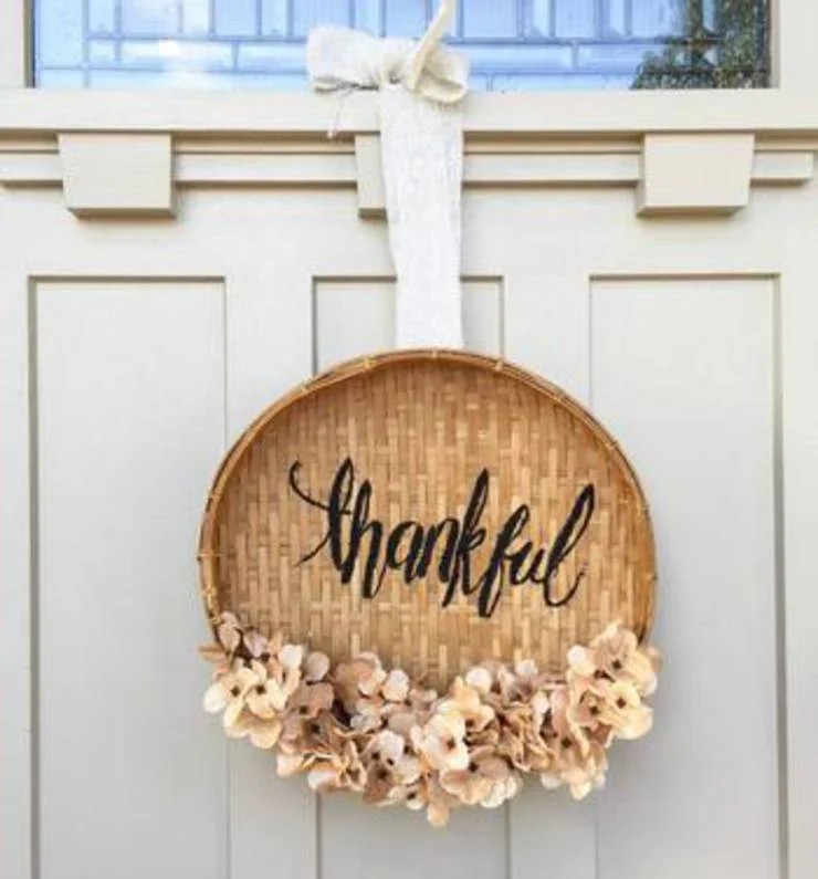 Wicker basket thankful wall hanging with dried flowers thanksgiving decoration DIY