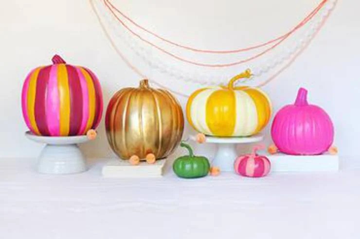 Colorful painted pumpkins pink gold modern thanksgiving decoration DIY