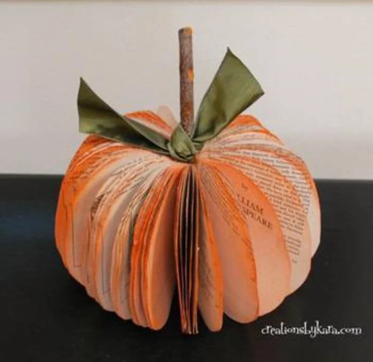 Book page pumpkin DIY thanksgiving decoration upcycled paper craft project