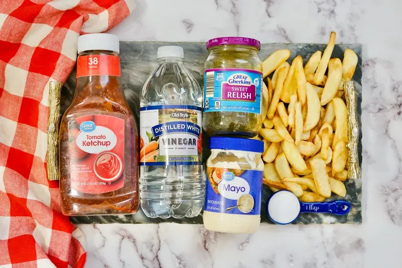 Ingredients for In-N-Out sauce including mayonnaise, ketchup, sweet pickle relish, vinegar and sugar