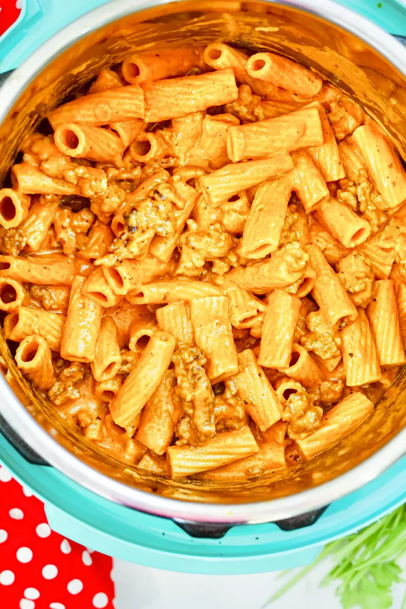 Overhead view of finished creamy sausage rigatoni in Instant Pot