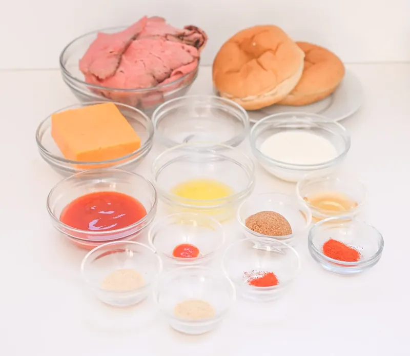Ingredients for keto Arby's beef and cheddar sandwich laid out in bowls