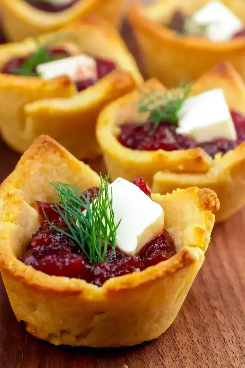 Elegant keto cranberry brie bites with fresh dill garnish on wooden board