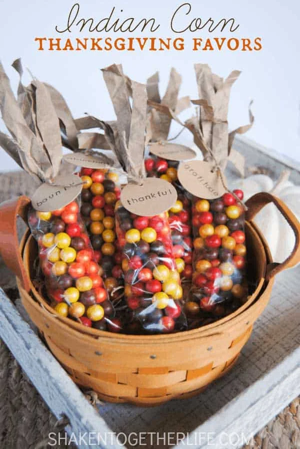 Clear bags filled with multicolored sixlets candy designed to look like Indian corn with paper husks