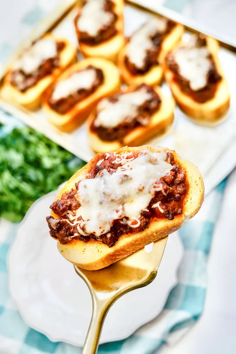 Close up of Texas Toast Sloppy Joe being held on spatula