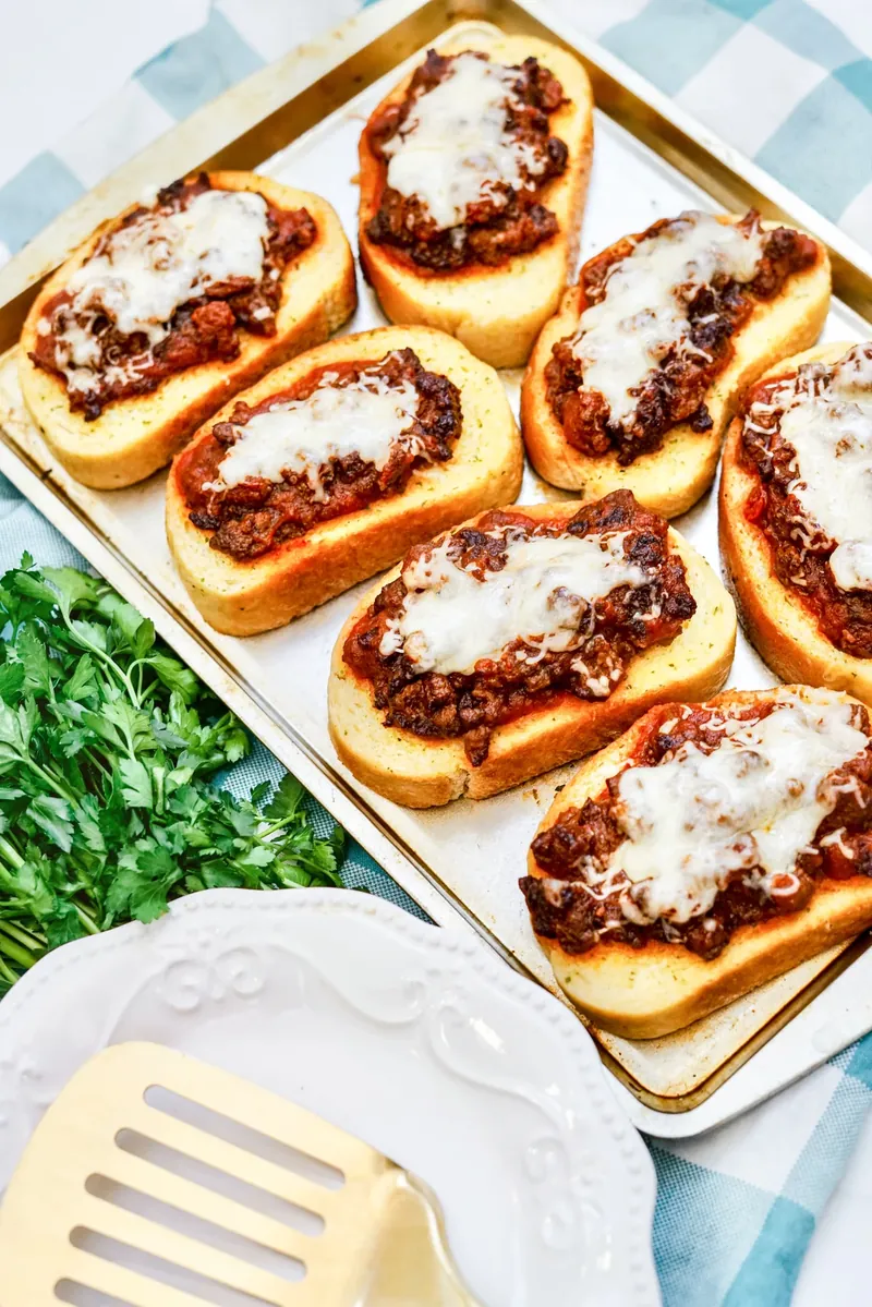Texas Toast Sloppy Joes arranged on baking sheet ready to serve