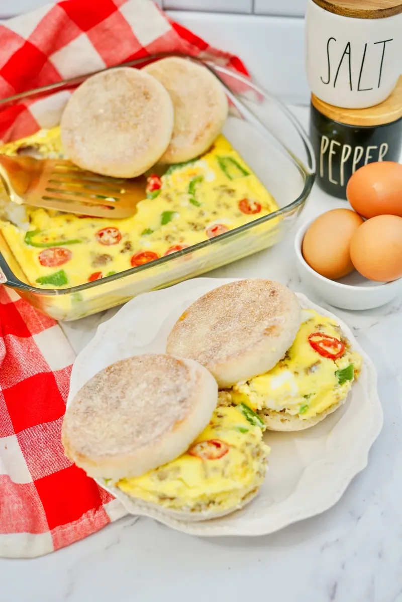 Multiple breakfast sandwiches plated and ready to serve