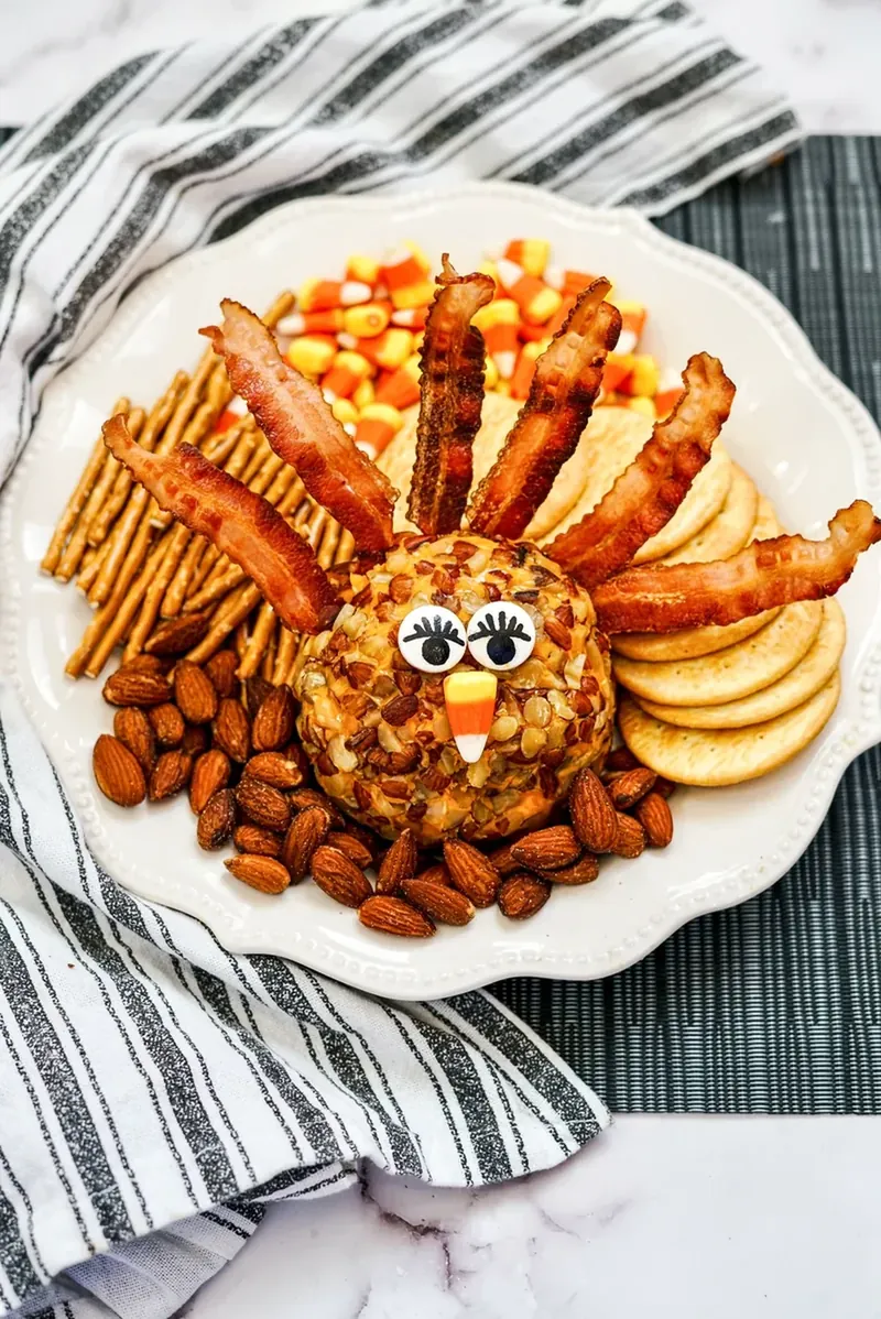 Turkey cheese ball appetizer with bacon feathers on festive platter with crackers and nuts