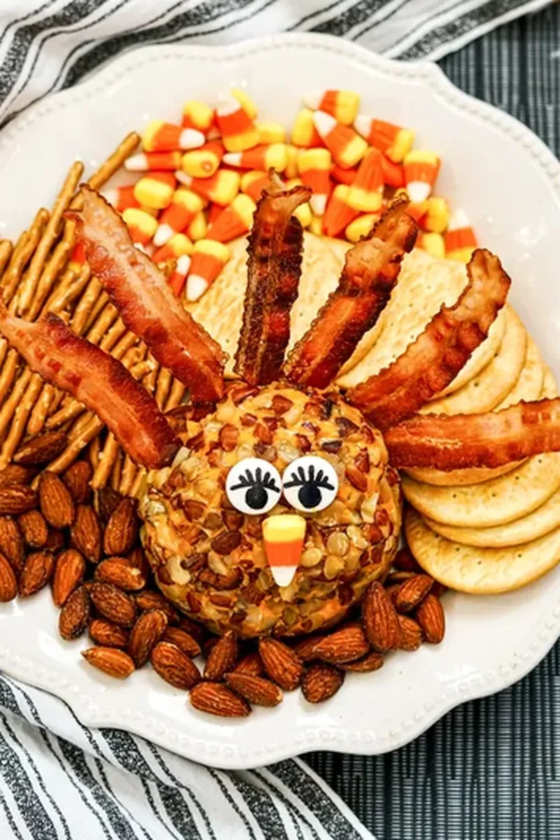 Turkey cheese ball surrounded by crackers, almonds, and candy corn on white platter