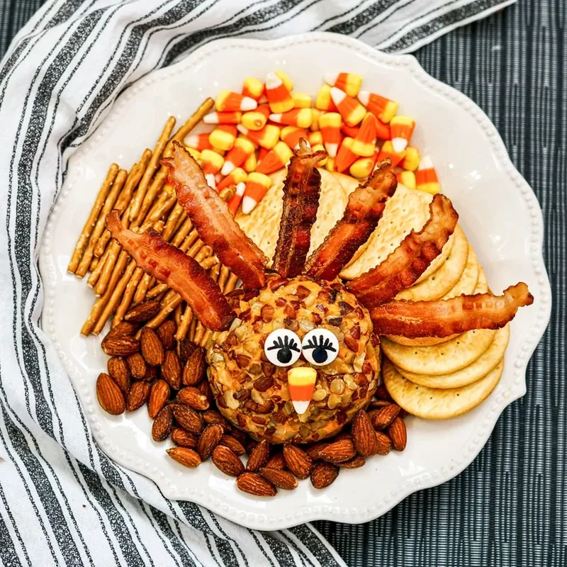 Turkey cheese ball served on platter with crackers, almonds, and candy corn