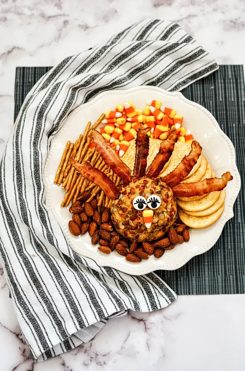 Turkey cheese ball with colorful candy corn background on elegant platter