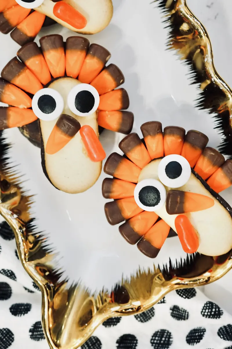 Close up view of turkey treats showing detailed candy corn feathers and candy eyes