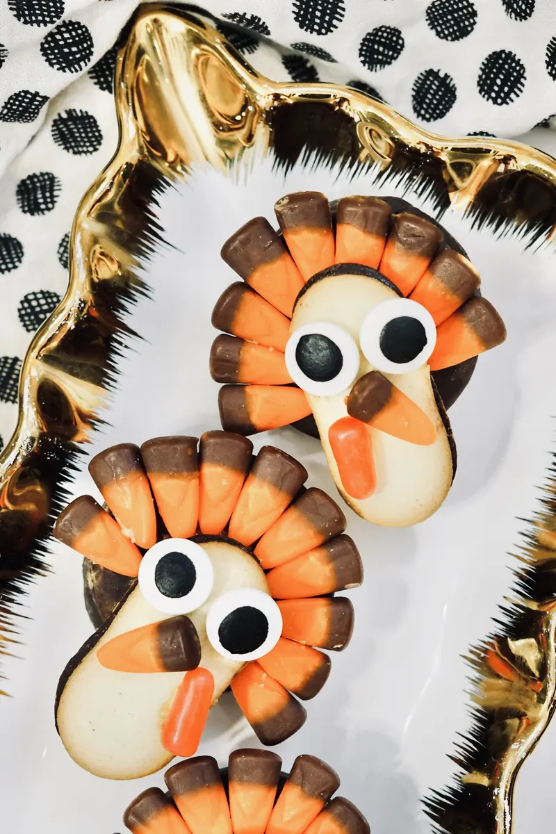 Overhead view of completed turkey treats on decorative gold platter