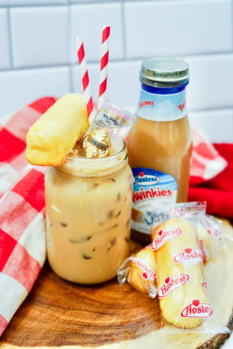 Complete Twinkie boozy iced latte setup with all ingredients and garnish