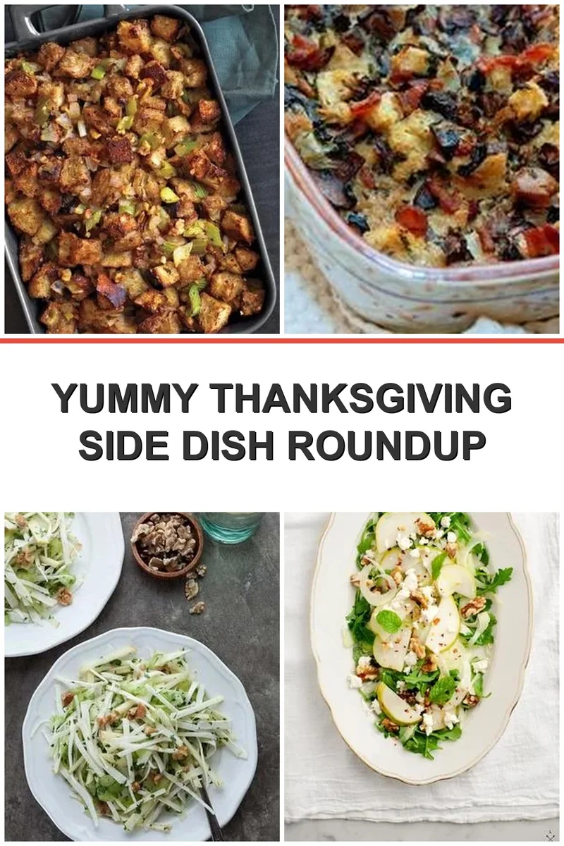 Collage showing savory stuffing in baking dish and colorful vegetable casserole for Thanksgiving side dishes roundup