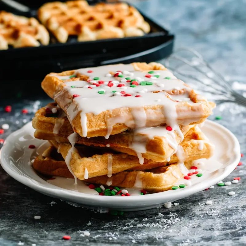 Complete stack of Christmas glaze donut waffles on white plate with waffle maker in background