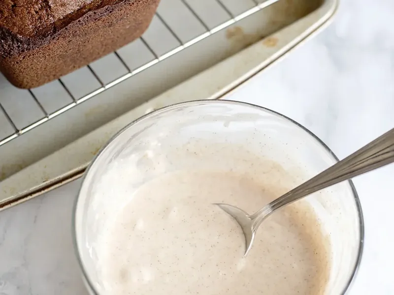White bowl with cinnamon glaze being mixed with spoon, powdered sugar and cream visible