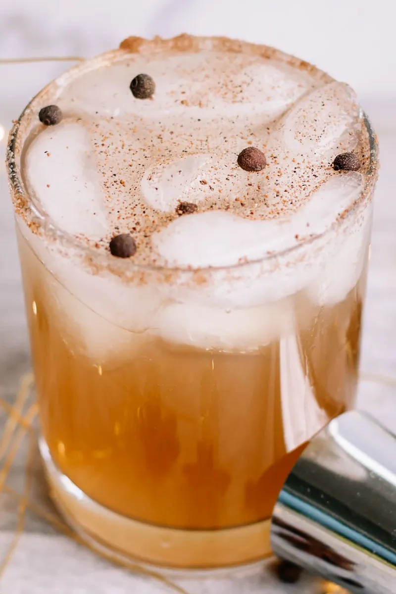 Close up of gingerbread margarita showing texture, spices, and cinnamon sugar rim detail