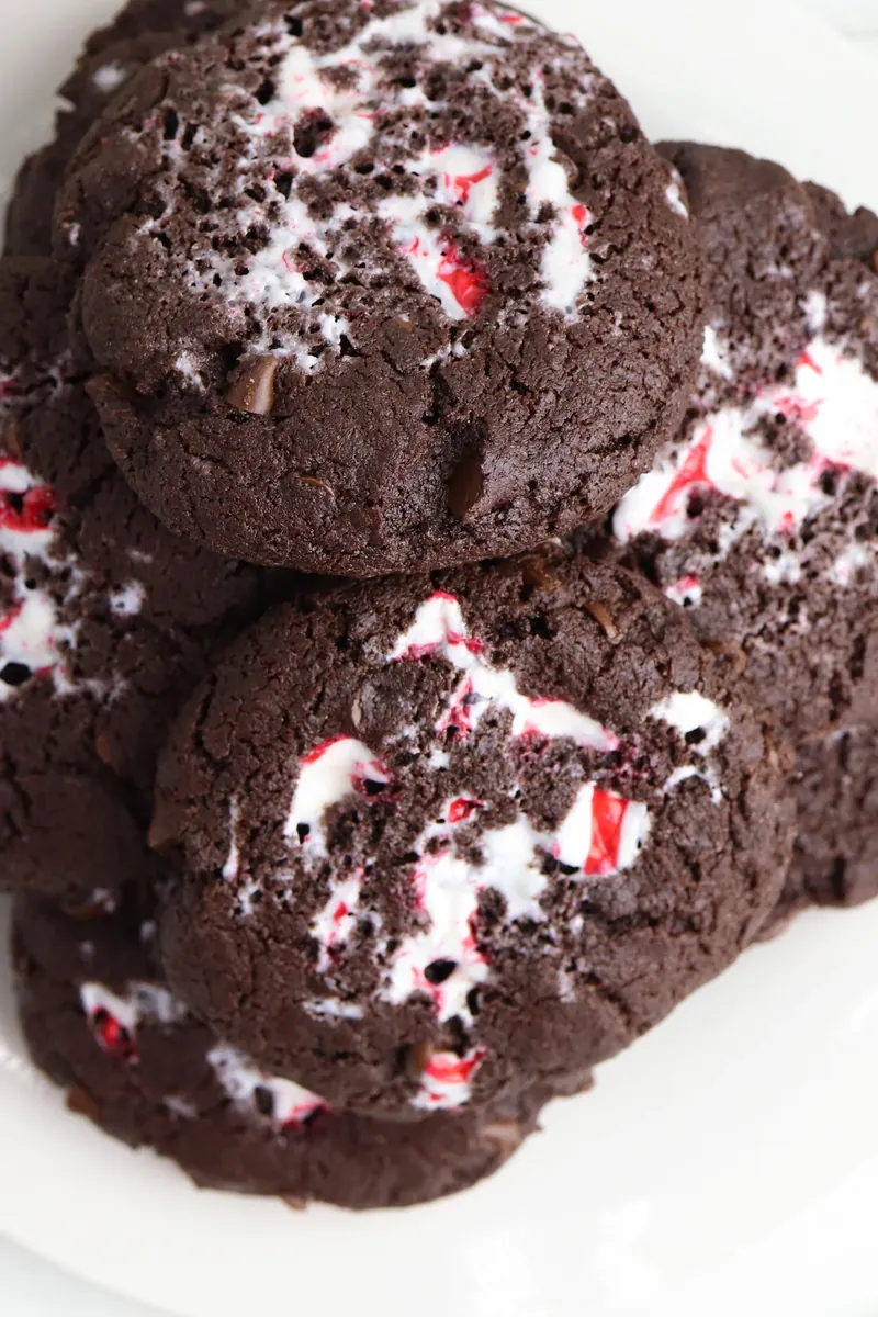 Detailed view of peppermint chocolate cookies showing chocolate chips and candy pieces
