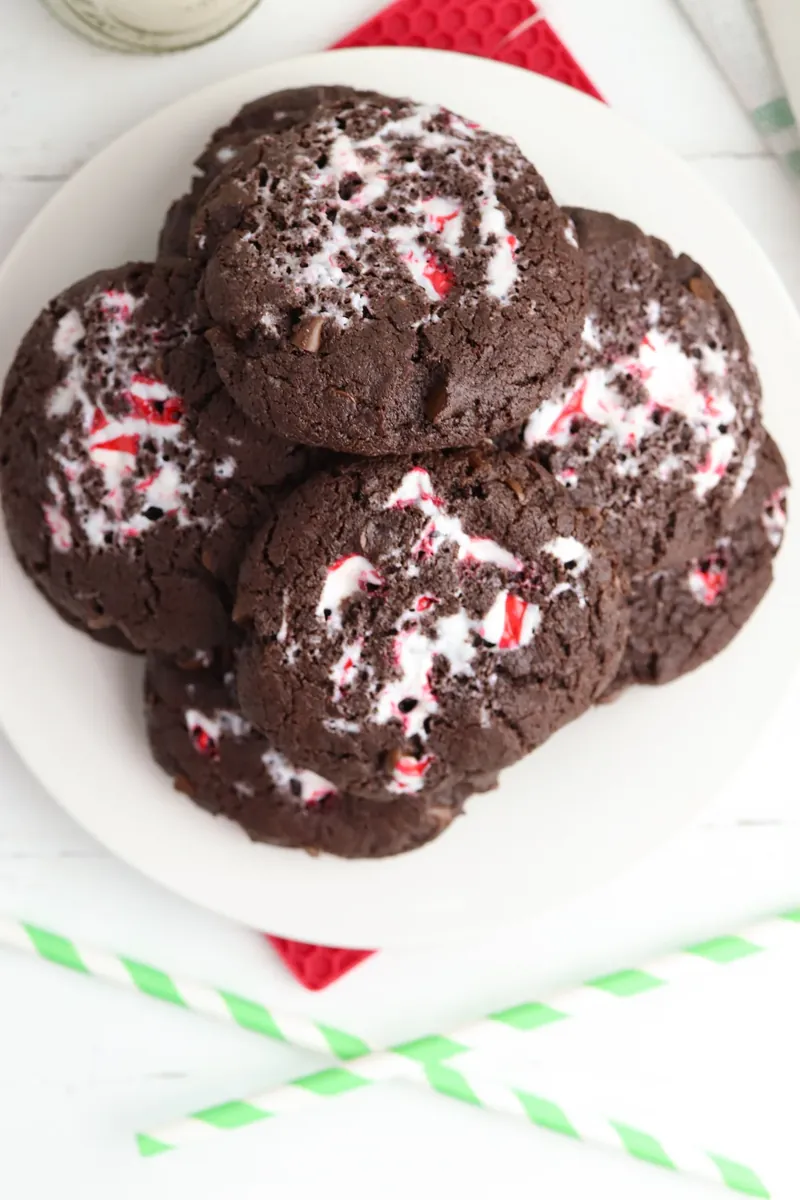 Festive peppermint chocolate cookies plated and ready to serve