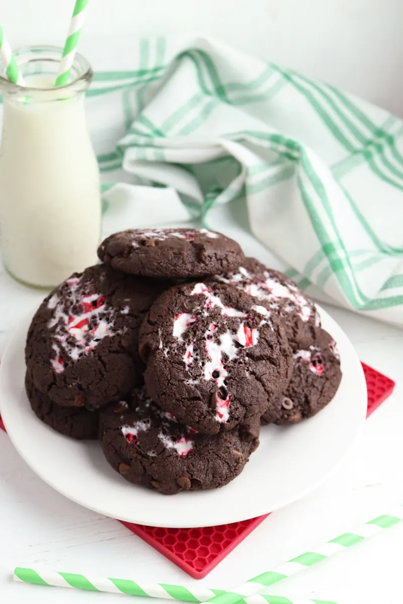 Holiday peppermint chocolate cake mix cookies with candy cane pieces
