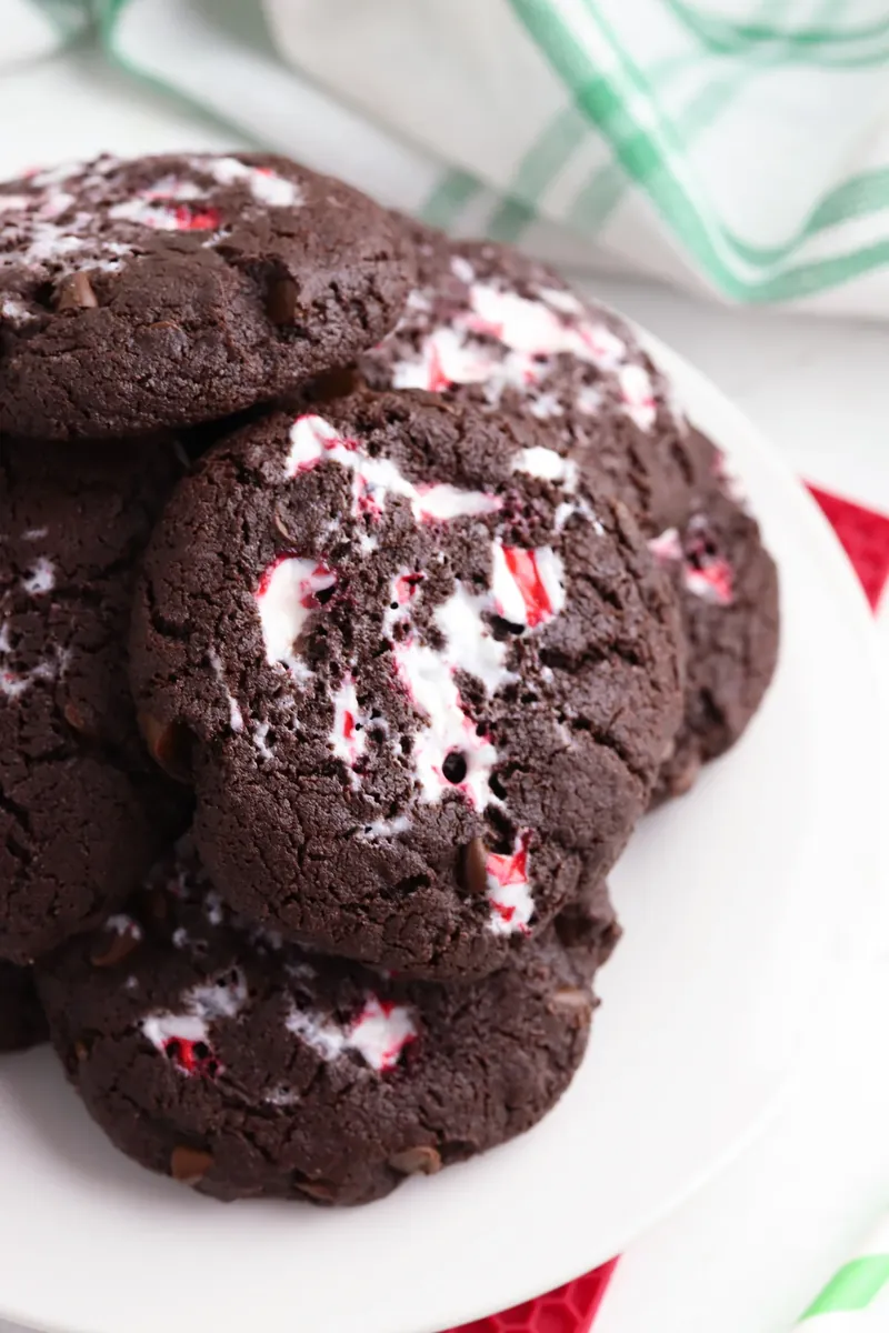 Rich fudgy peppermint chocolate cake mix cookies with crushed candy cane pieces