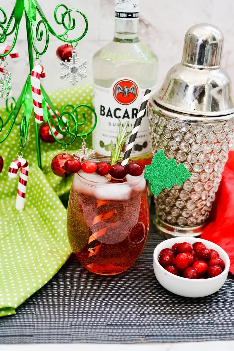 Christmas decorated Reindeer Bacardi Punch with holiday ornaments and festive presentation