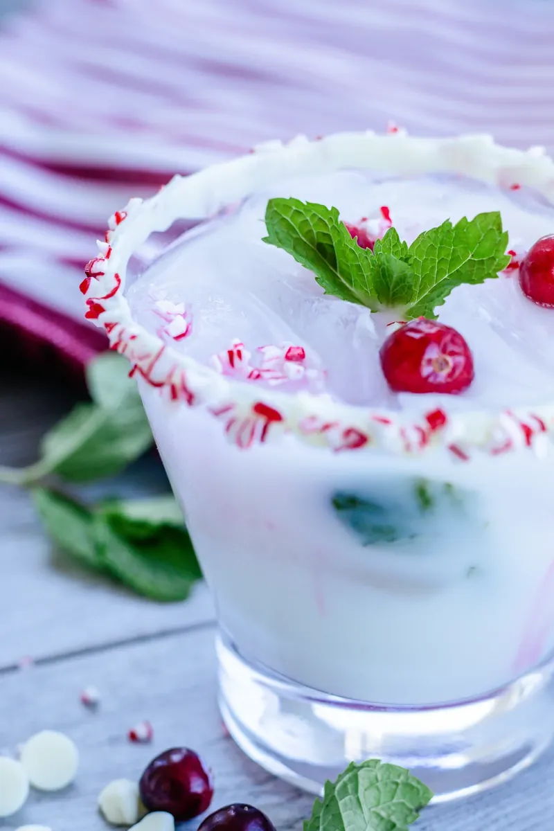 Completed white Christmas mojito with mint leaves, cranberries and crushed peppermint rim