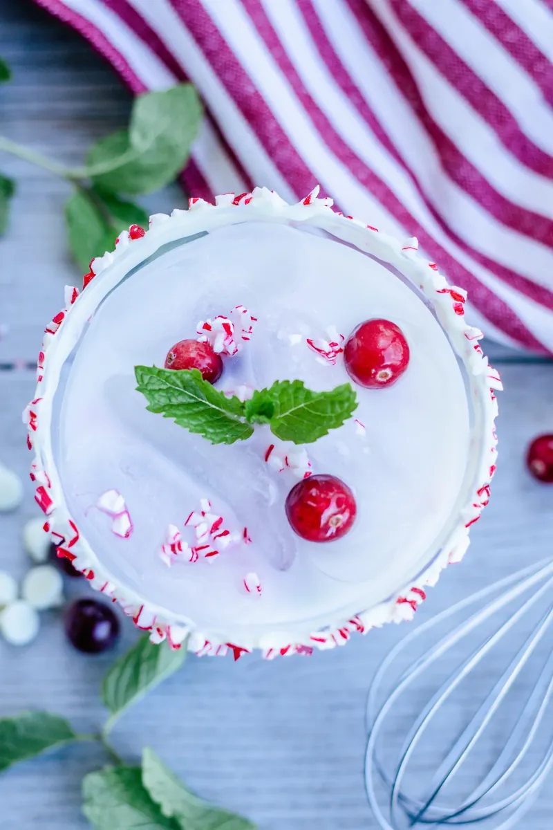 Overhead view of white Christmas mojito showing peppermint rim, cranberries and mint garnish
